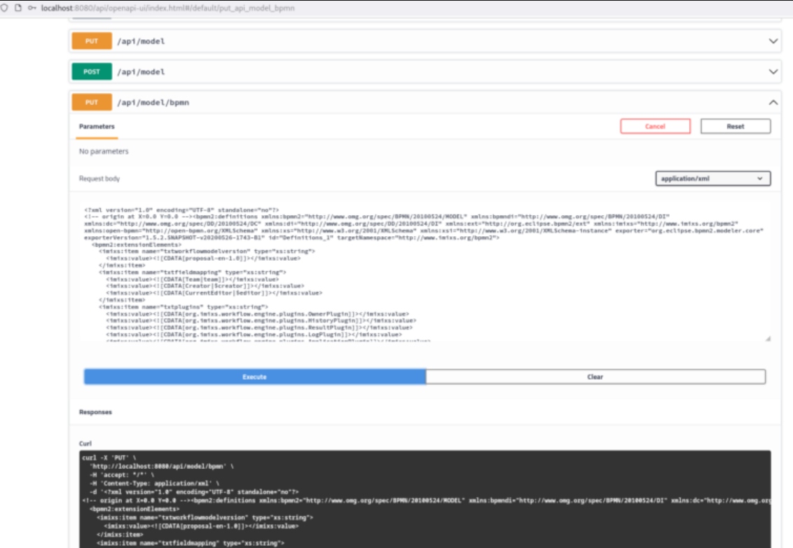 Use the REST API UI to post the model at the resource /api/model/bpmn/