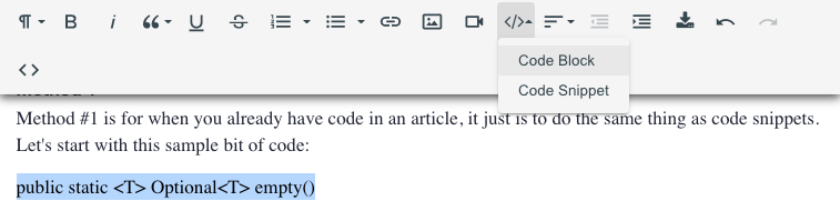 Code block menu option